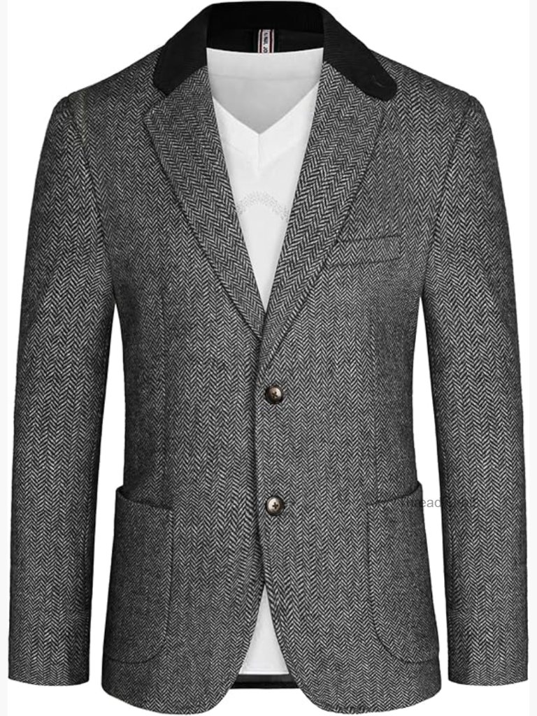 Men's Herringbone Tweed Wool Blend Blazer Sport Coat Jacket Two Button Notch